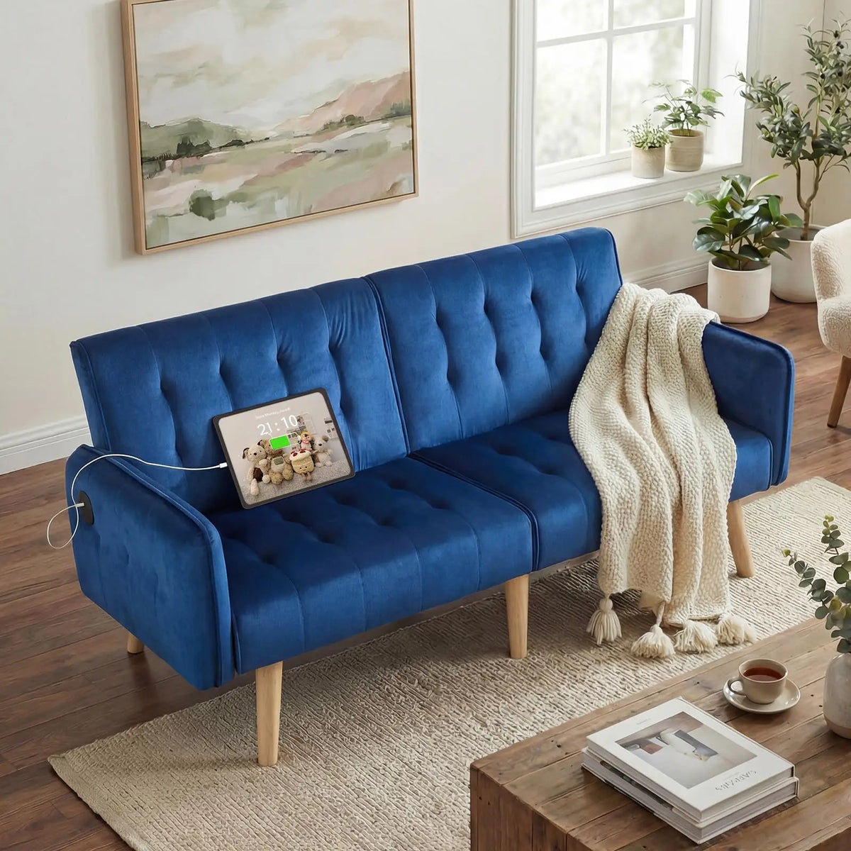 Tyboatle Convertible Faux Leather Futon Sofa Bed With USB Ports