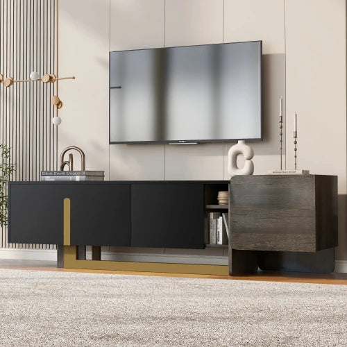66.7'' Light Luxury TV Stand: Fits 70" TVs. Modern, metal legs, 1 drawer, 2 cabinets, adjustable shelves—living room.