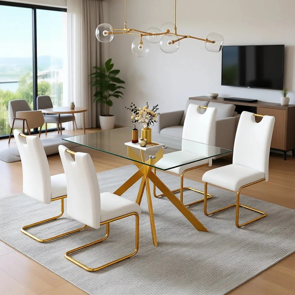 Rectangular Tempered Glass Dining Table with Metal Legs for Home and Outdoor Use