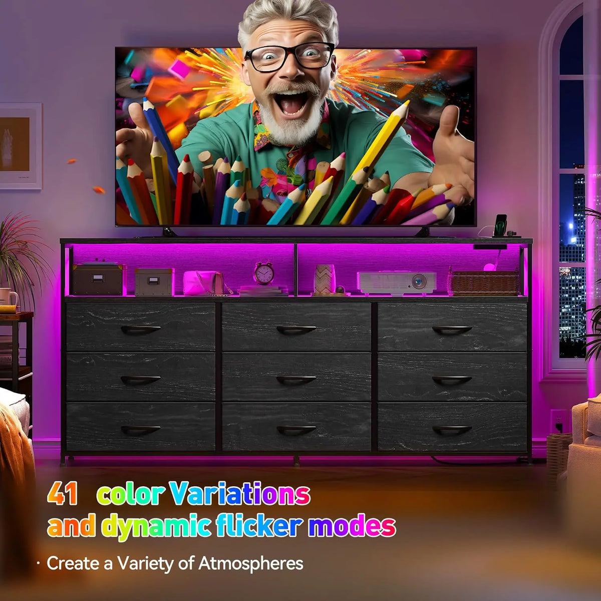 TV Stand Dresser With Charging Station And LED Nine Drawers