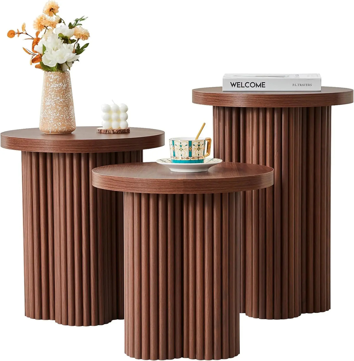 Round Fluted Nesting Coffee Table Set with Plum Blossom Legs