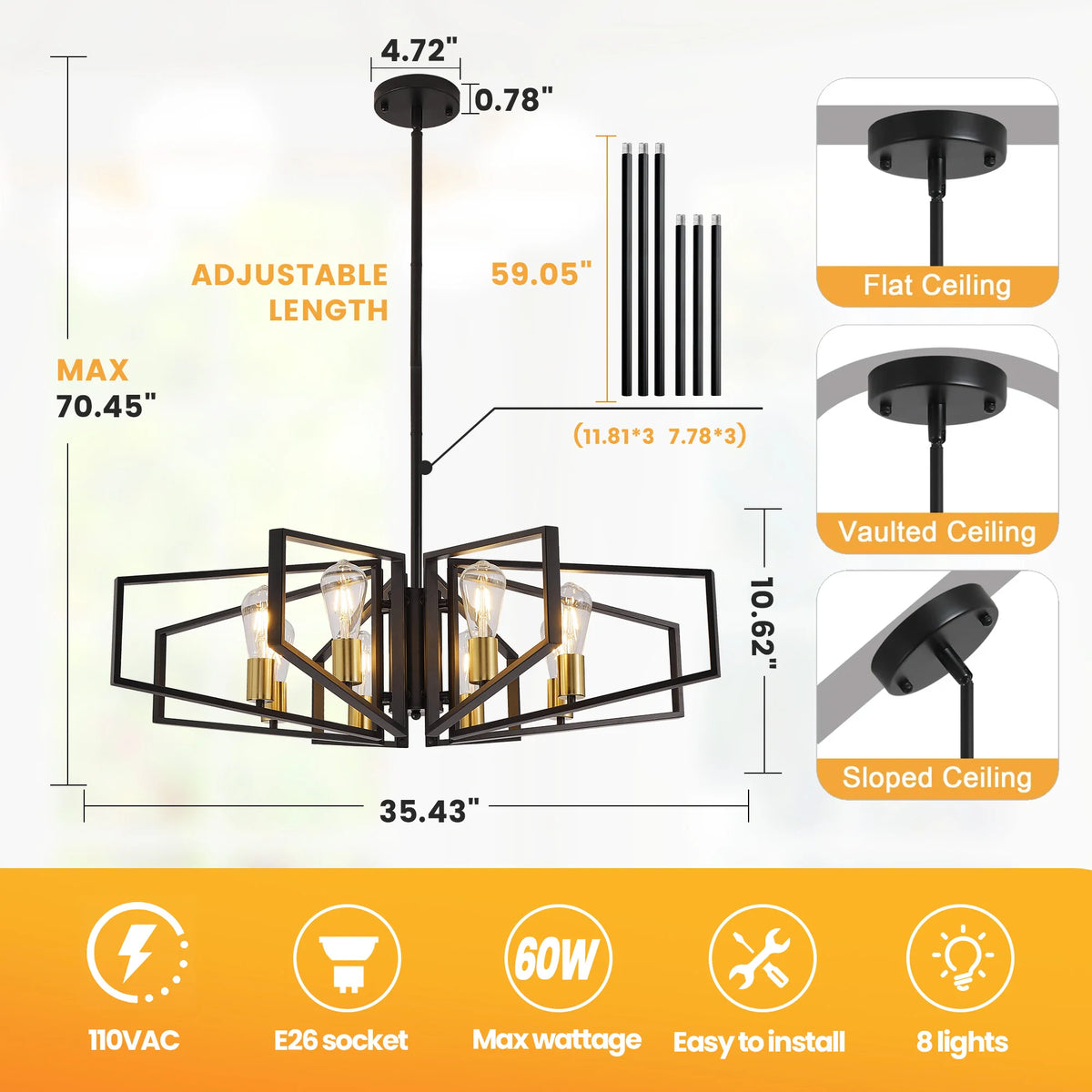 Modern 8-Light Geometric Pendant Chandelier With Adjustable Height