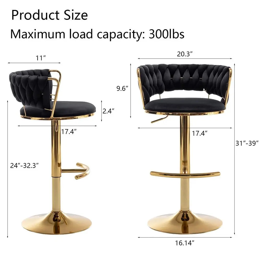 Velvet Bar Stools Set of 3, Counter Height Barstools with Low Back, Gold Swivel Bar Stool for Kitchen Island, Pub Black