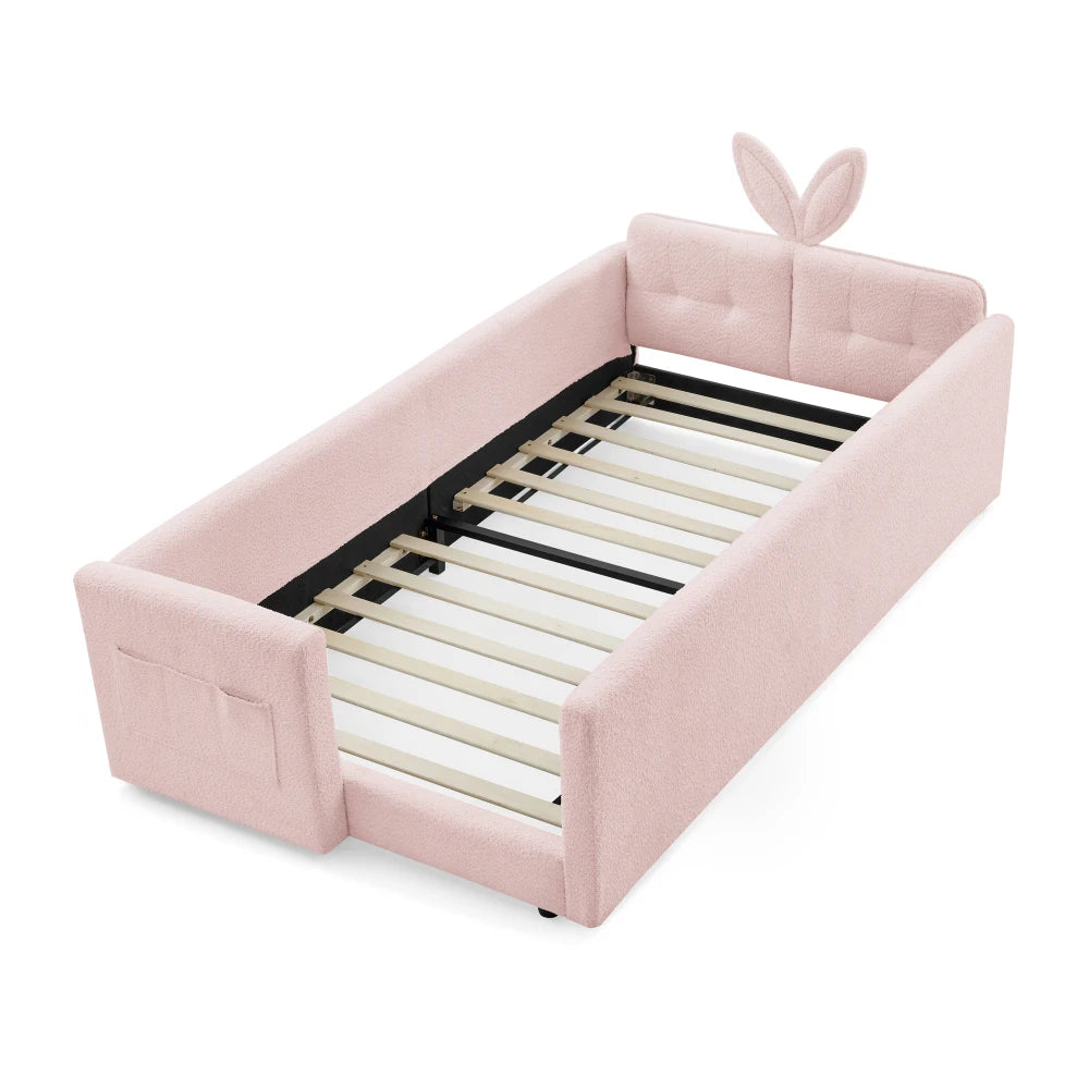 Rabbit Ear Upholstered Platform Bed With Safety Rail And Pocket
