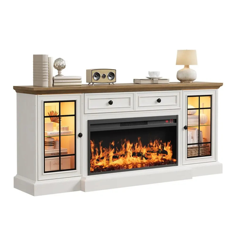 XMSJ Farmhouse TV Stand With Electric Fireplace And LED Lights
