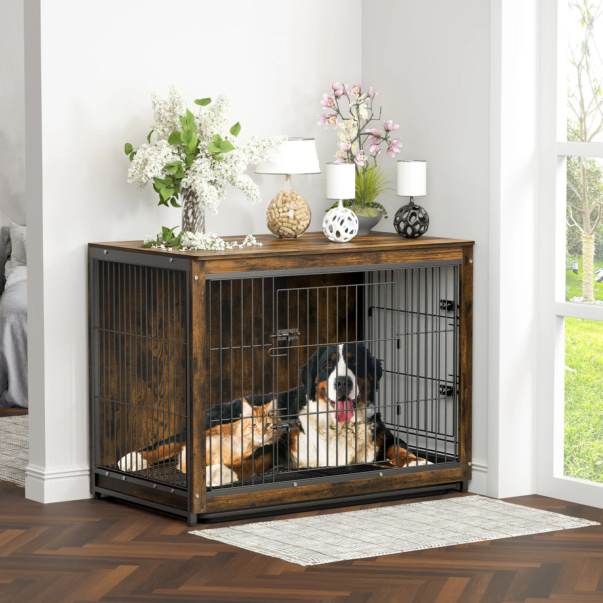 BINGOPAW Double Door Dog Kennel With Removable Tray End Table