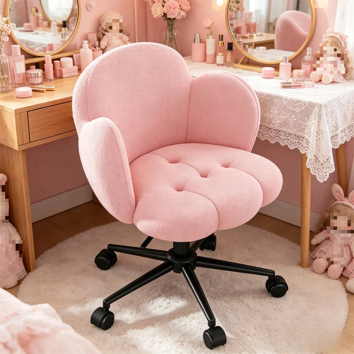 EnHomee Petal Vanity Chair with Wheels, Aesthetic Height Adjustable 360°Swivel Desk Chair, 3.5" Thick Comfy Backrest Task Chair for Bedroom Living Room