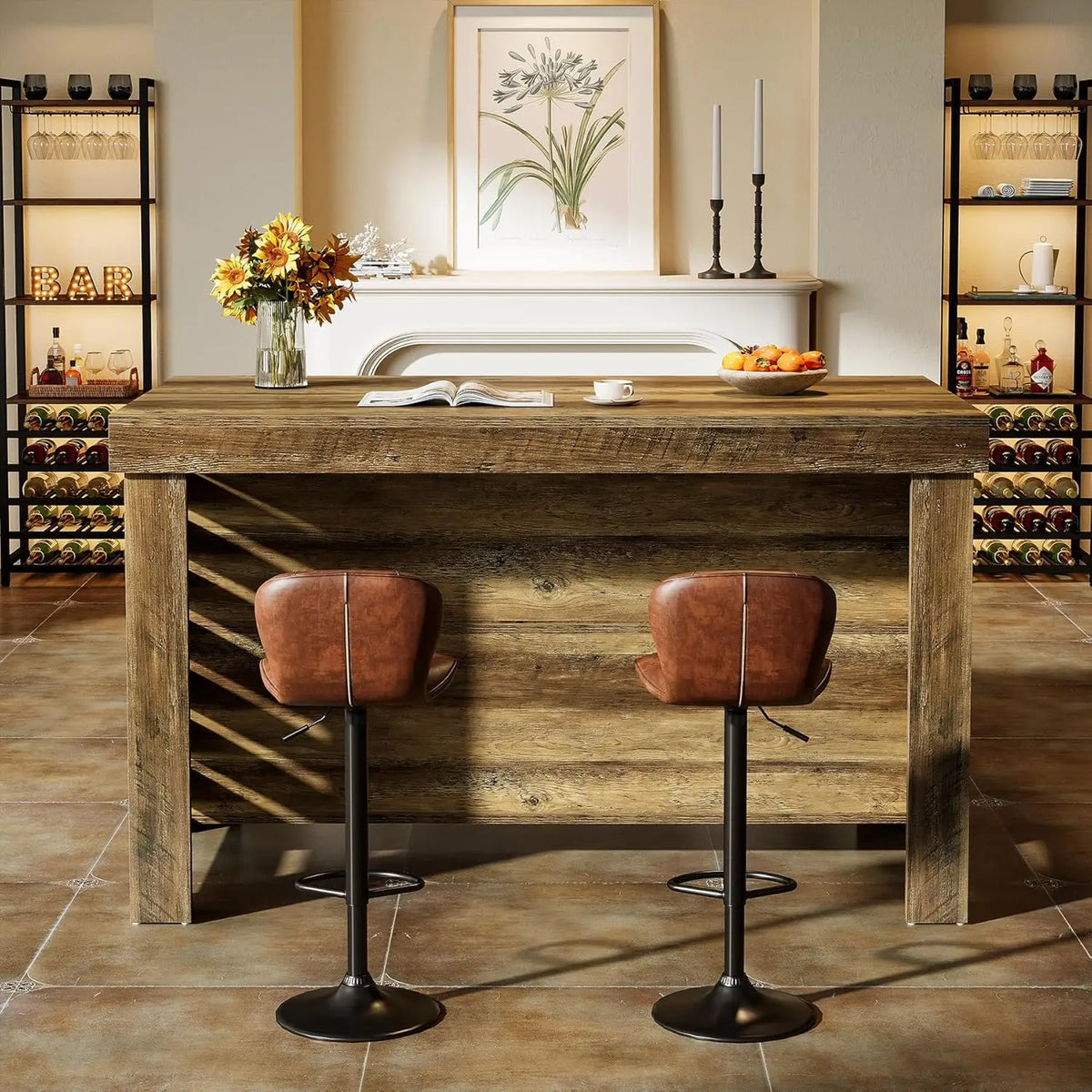 Kitchen Island With Seating, Farmhouse Wood Table And Storage Shelves