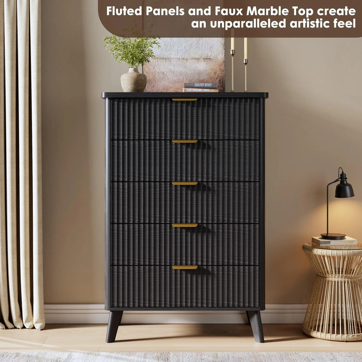 Modern Fluted Five Drawer Dresser With Deep Storage Cabinet