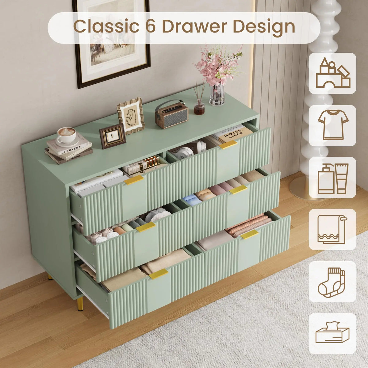 GAOMON Modern Fluted Wooden Bedroom Dresser With Metal Handles