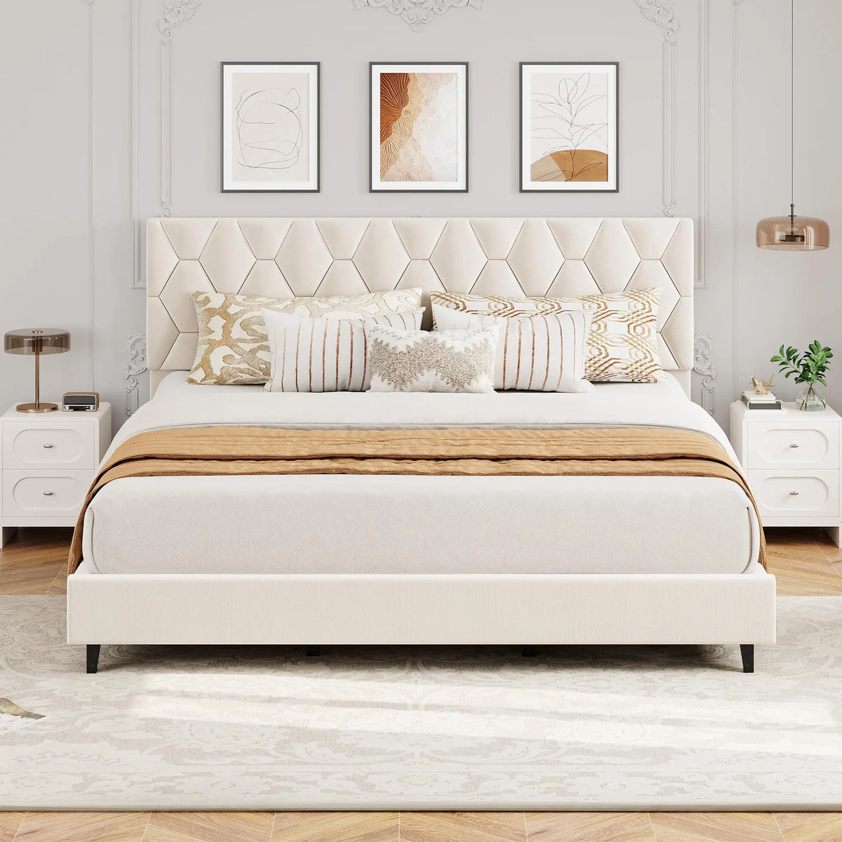 GAOMON Upholstered Platform Bed with Padded Headboard and Slat Support