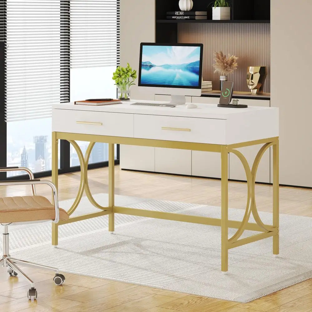 Modern Computer Desk with 2 Drawers Set of 2, 41 Inches Study Writing Office Desk for Home Office, Bedroom, Makeup Vanity Table