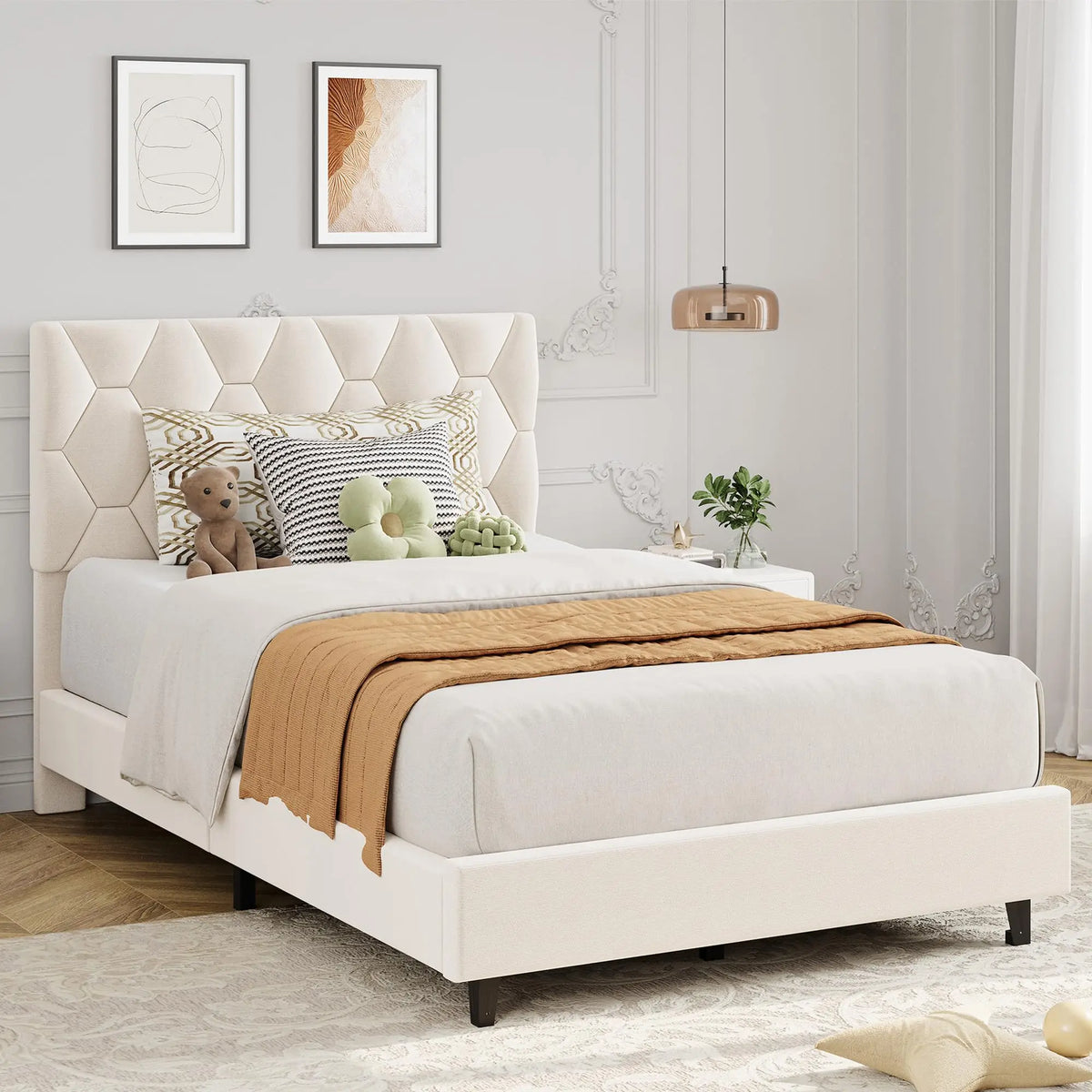 GAOMON Wood Platform Bed Frame With Adjustable Upholstered Headboard