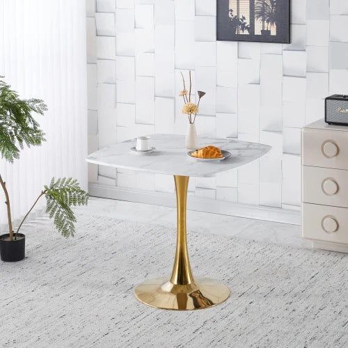31.5" Square Tulip Dining Table - Modern Mid-Century, White MDF Top & Golden Metal Base for 2-4, Living Room Apartment