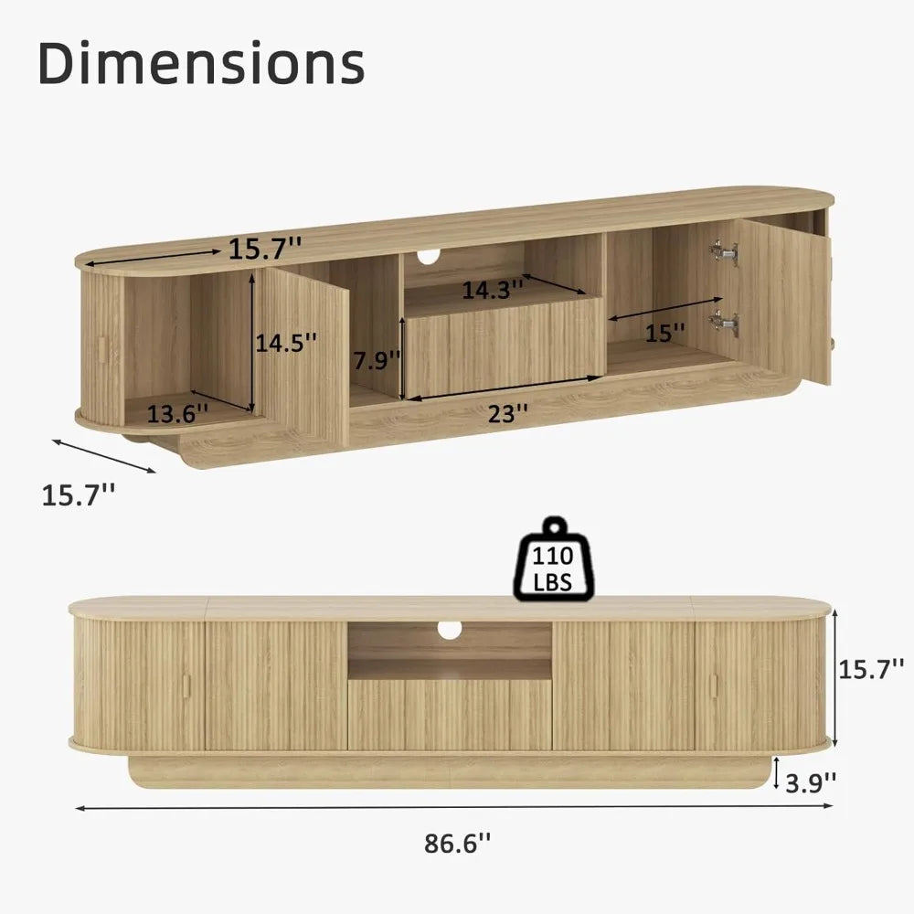 Tambour TV Stand With Large Storage Cabinet And Open Shelves