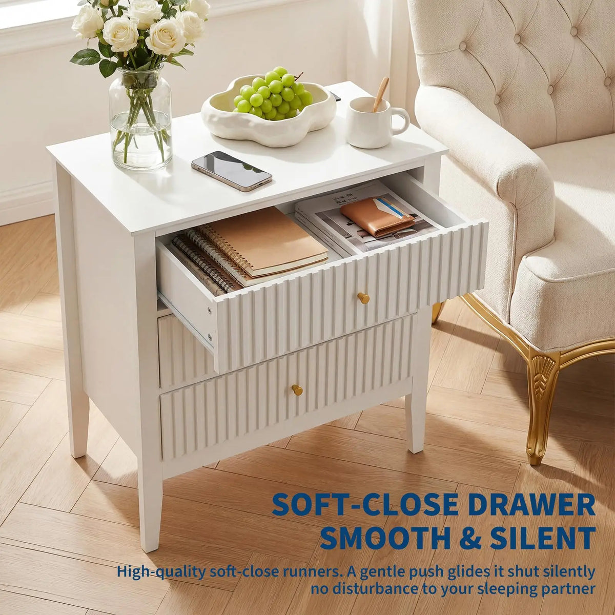 31.5 Inch Fluted Nightstand With Charging Station, 3 Drawer Bedside Table Raised Leg Storage Cabinet For Bedroom Living Room Home