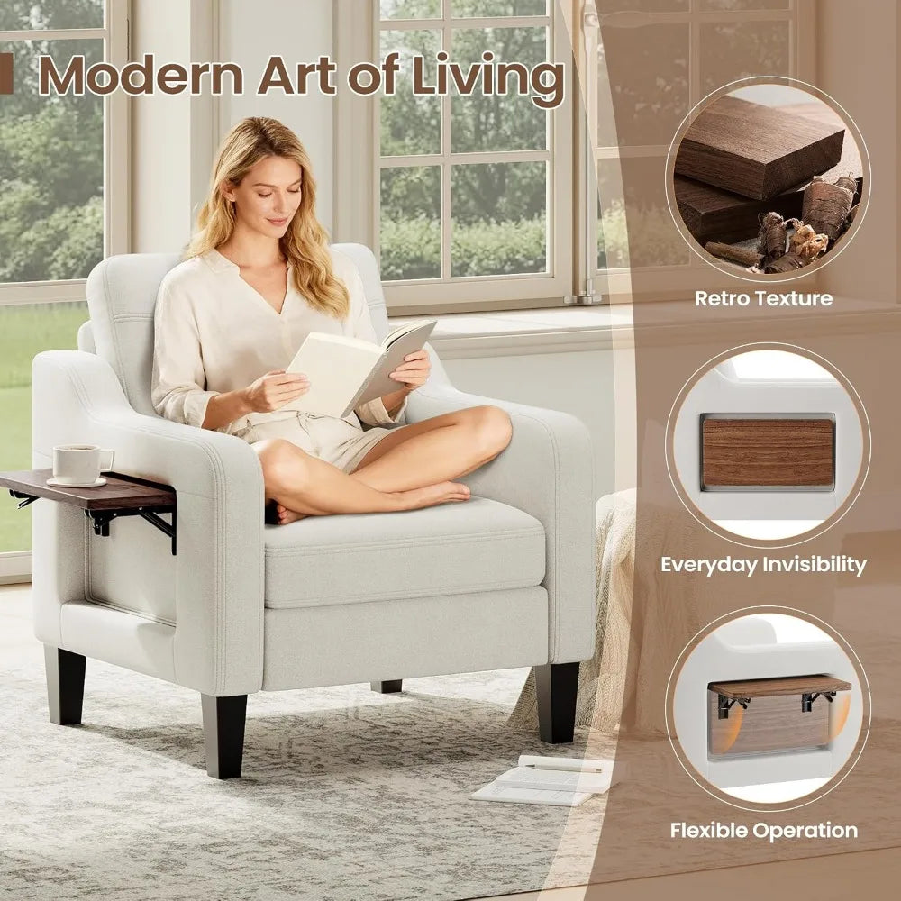 Linen Armchair With Foldable Side Table And Pockets