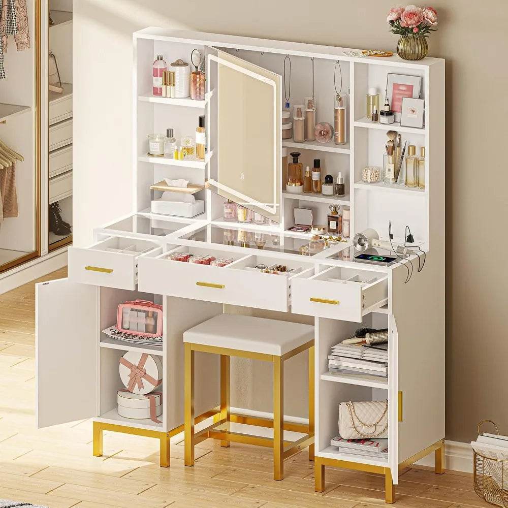 Vanity Desk With Lighted Mirror, Glass Top And Charging Station