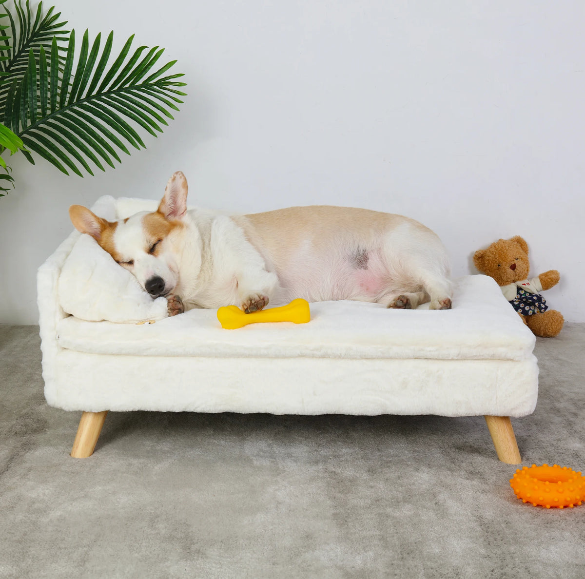 Solid Wood Elevated Pet Bed Plush Sofa Dogs Cats Indoor