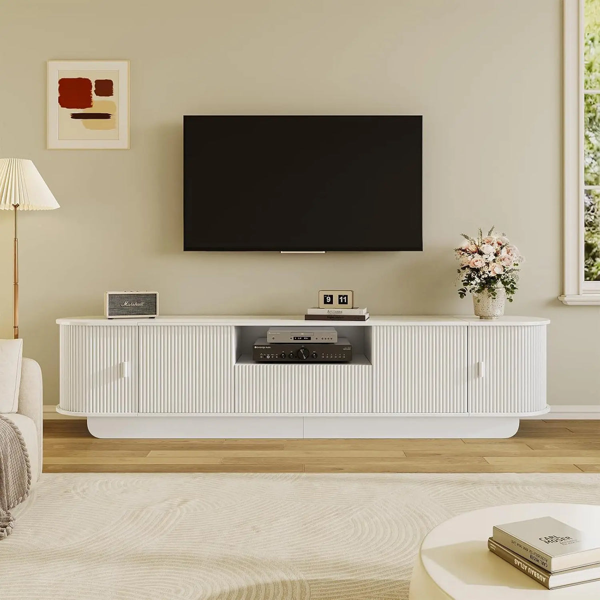 Tambour TV Stand With Large Storage Cabinet And Open Shelves