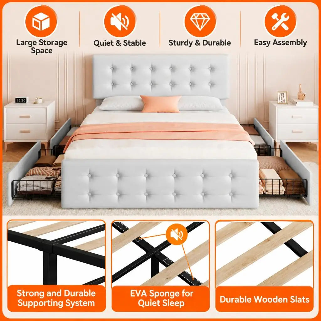 GAOMON Upholstered Platform Bed Frame With Storage Drawers