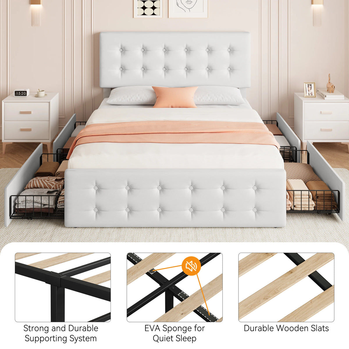 GAOMON Upholstered Platform Bed Frame With Storage Drawers
