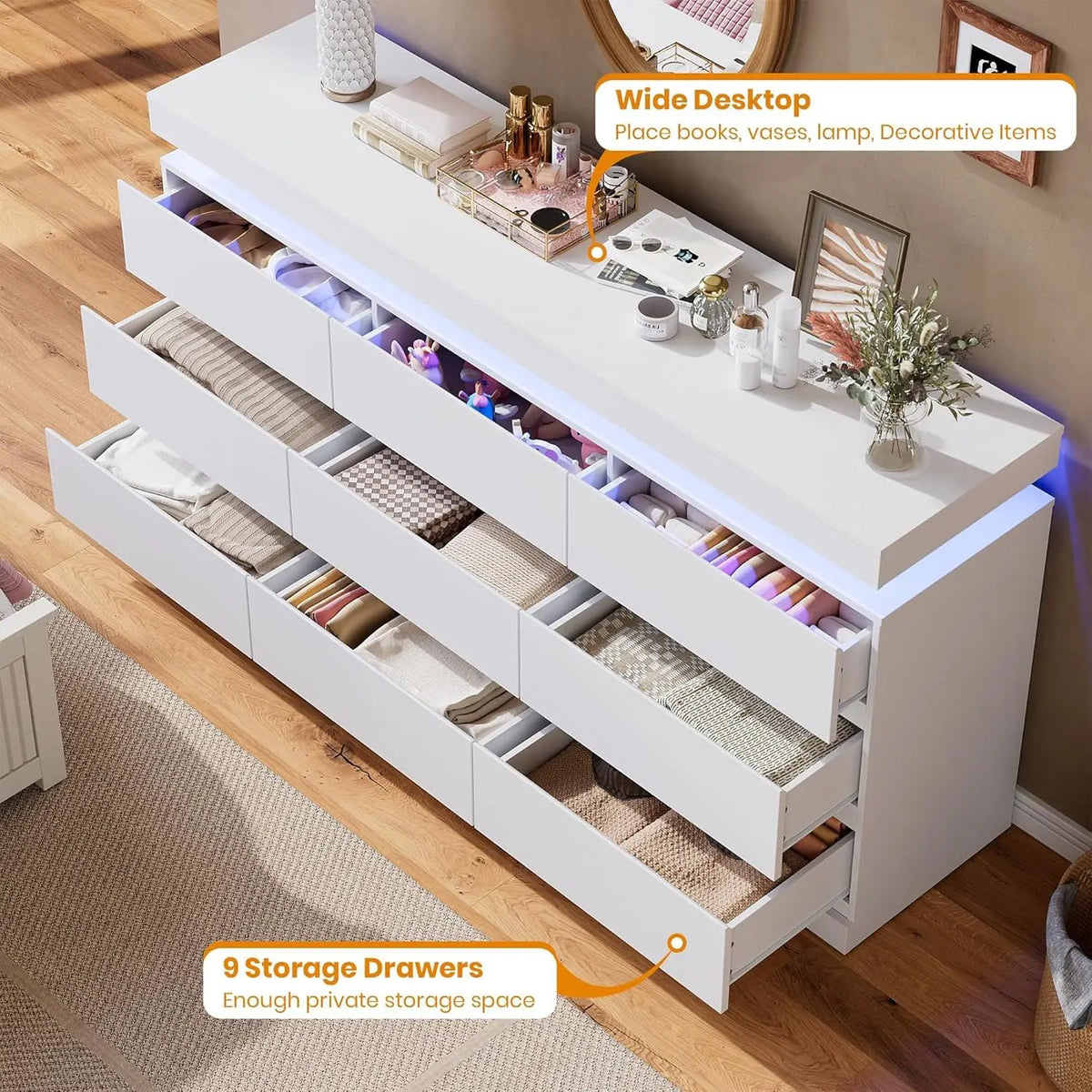 63in 9 Drawer Dresser With LED Lights & Charging Station, Wide Bedroom Chest TV Stand Console For Living Room Entryway Hallway