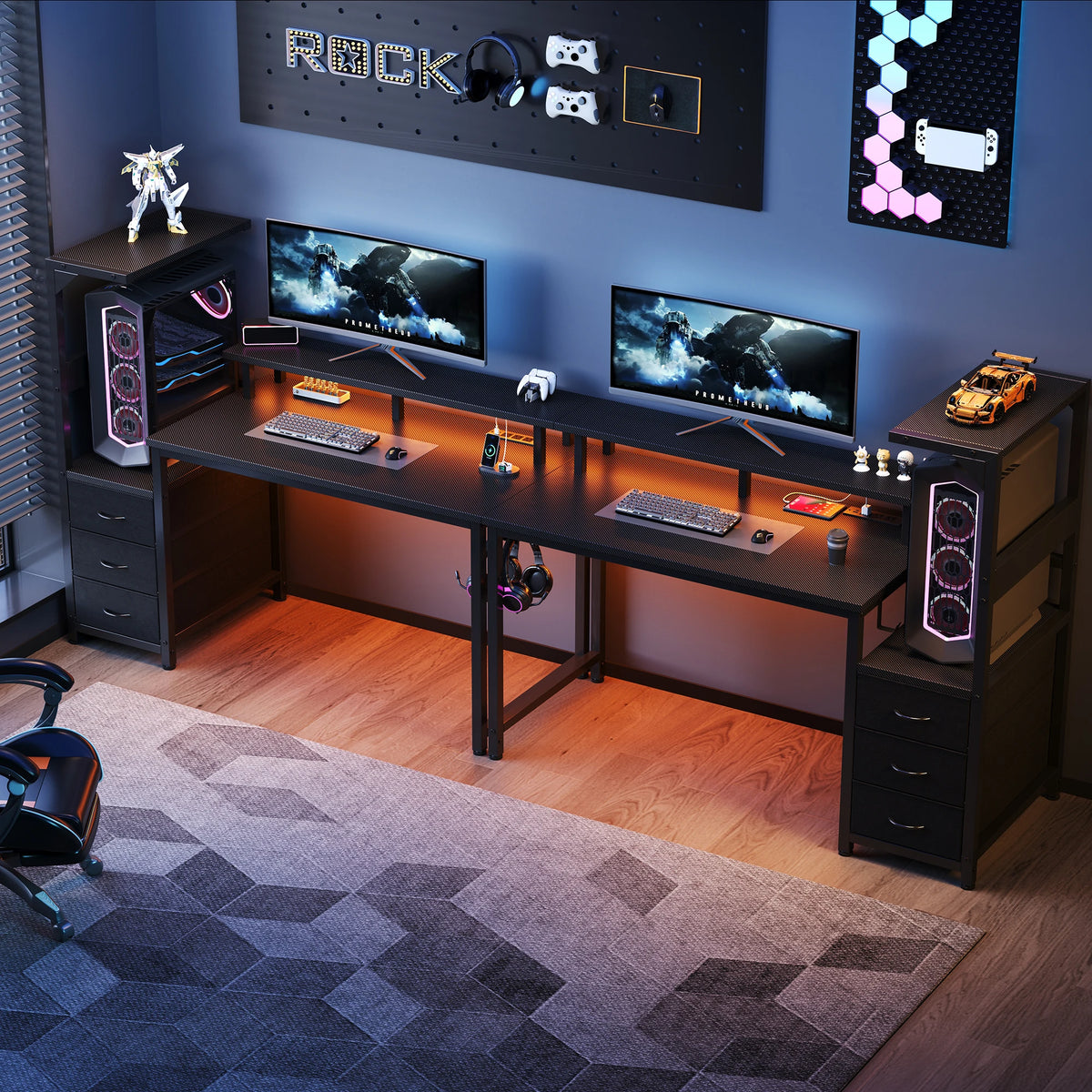 JHK Gaming Desk With Drawers LED Lights And Power Outlets