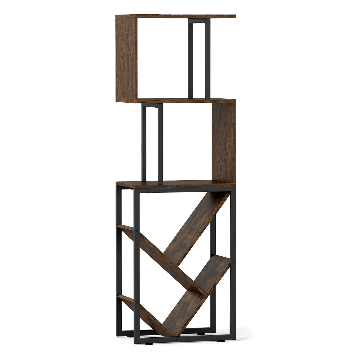 6-Tier Bookshelf, Industrial S-Shaped Geometric Bookcase w/ Open Display Shelves