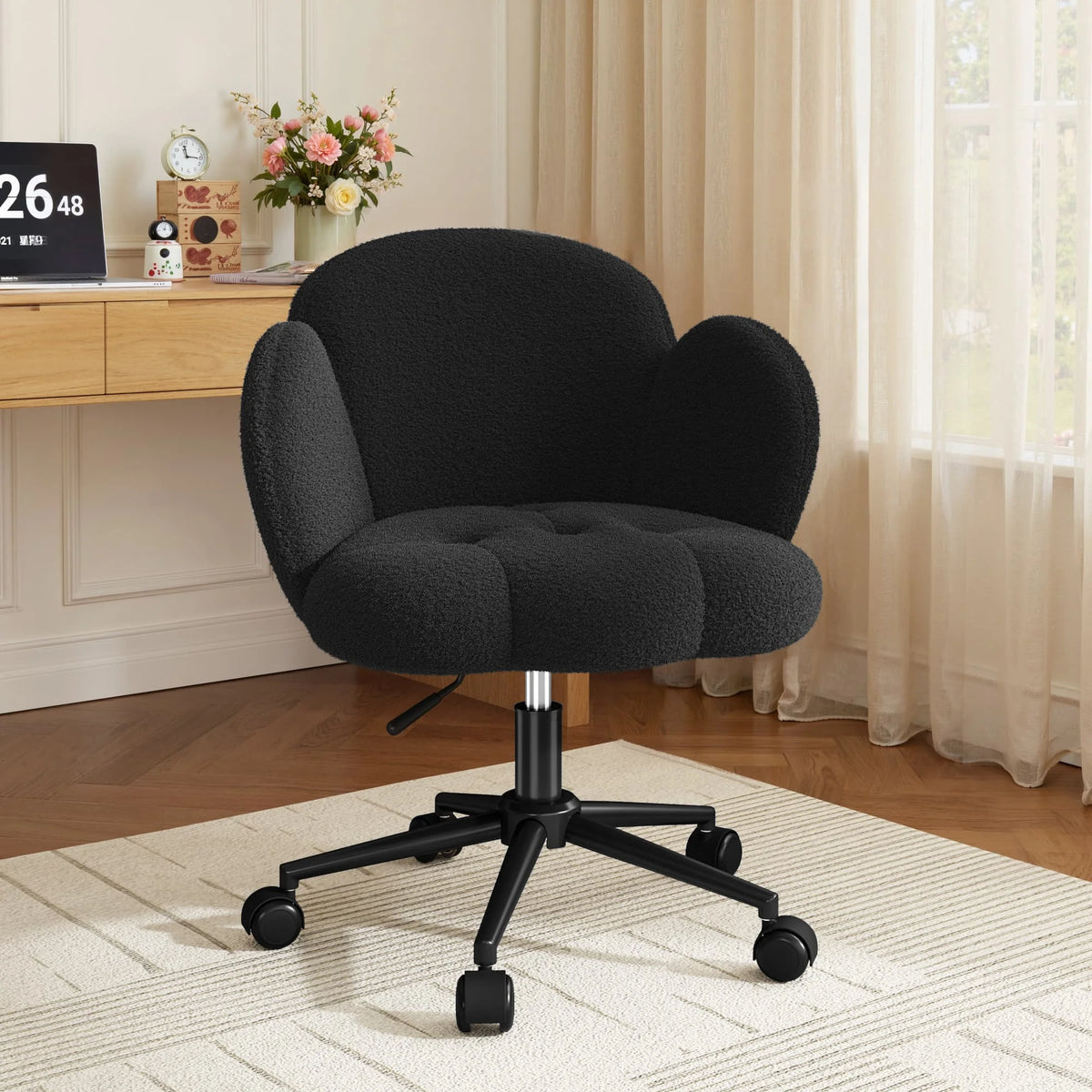 EnHomee Petal Vanity Chair with Wheels, Aesthetic Height Adjustable 360°Swivel Desk Chair, 3.5" Thick Comfy Backrest Task Chair for Bedroom Living Room