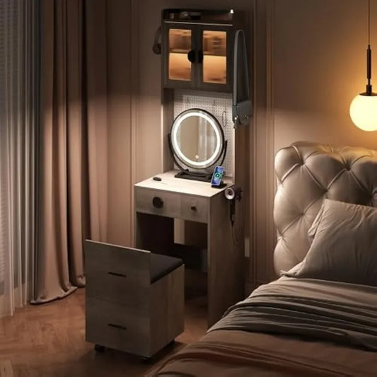 space-saving makeup vanity set with storage drawers and chair, desk-style vanity with illuminated mirror