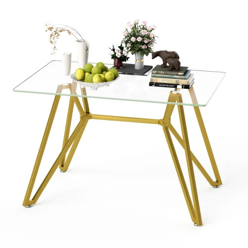 Rectangular Glass Dining Table - 47.3"W Gold Metal Legs, Modern, Seats 1-6, Versatile for Dining Room Office