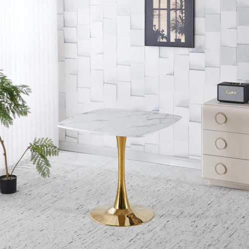 31.5" Square Tulip Dining Table - Modern Mid-Century, White MDF Top & Golden Metal Base for 2-4, Living Room Apartment