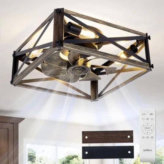 Caged Low Profile Ceiling Fans with Lights and Remote, Small Farmhouse Flush Mount Fandelier, 6 Speeds Reversible Ceiling Fan w