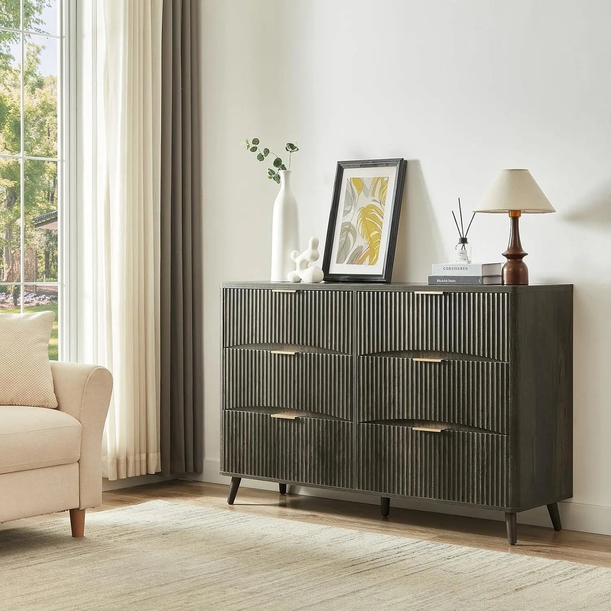 Grey Fluted 6 Drawer Mid Century Dresser
