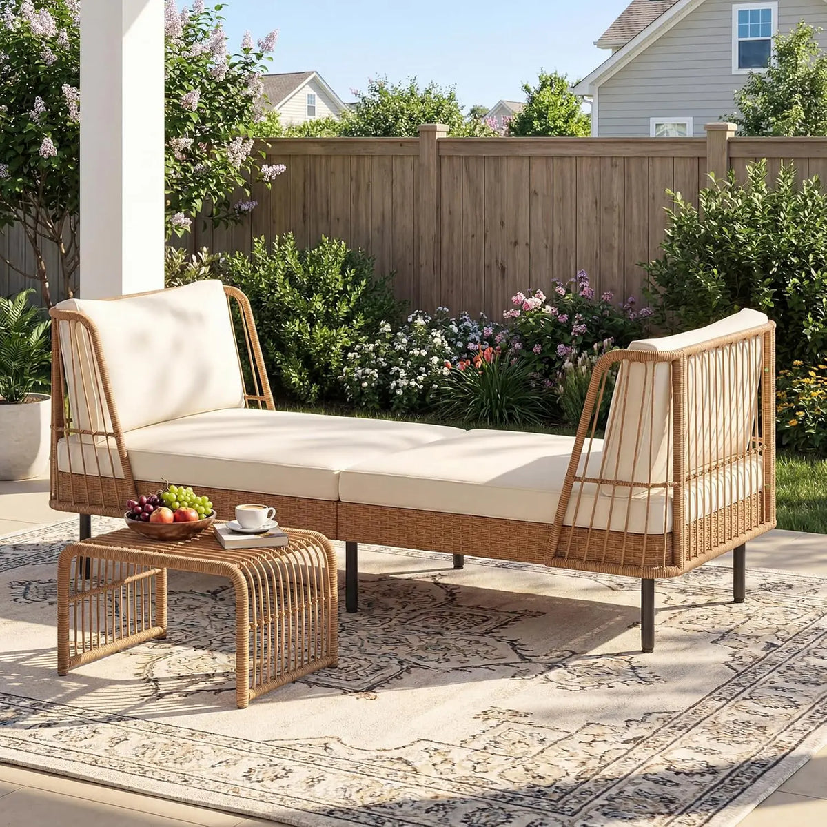 2 Seater Outdoor Rattan Daybed Sofa with Armrests Cushions Pillows Boho Loveseat for Porch Backyard Garden Poolside, Customized