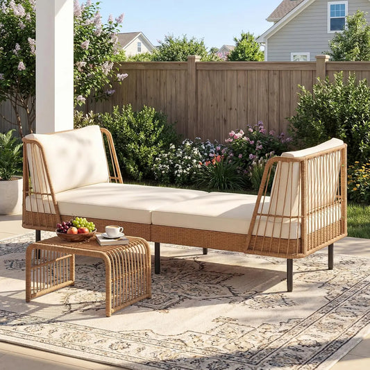 2 Seater Outdoor Rattan Daybed Sofa with Armrests Cushions Pillows Boho Loveseat for Porch Backyard Garden Poolside, Customized
