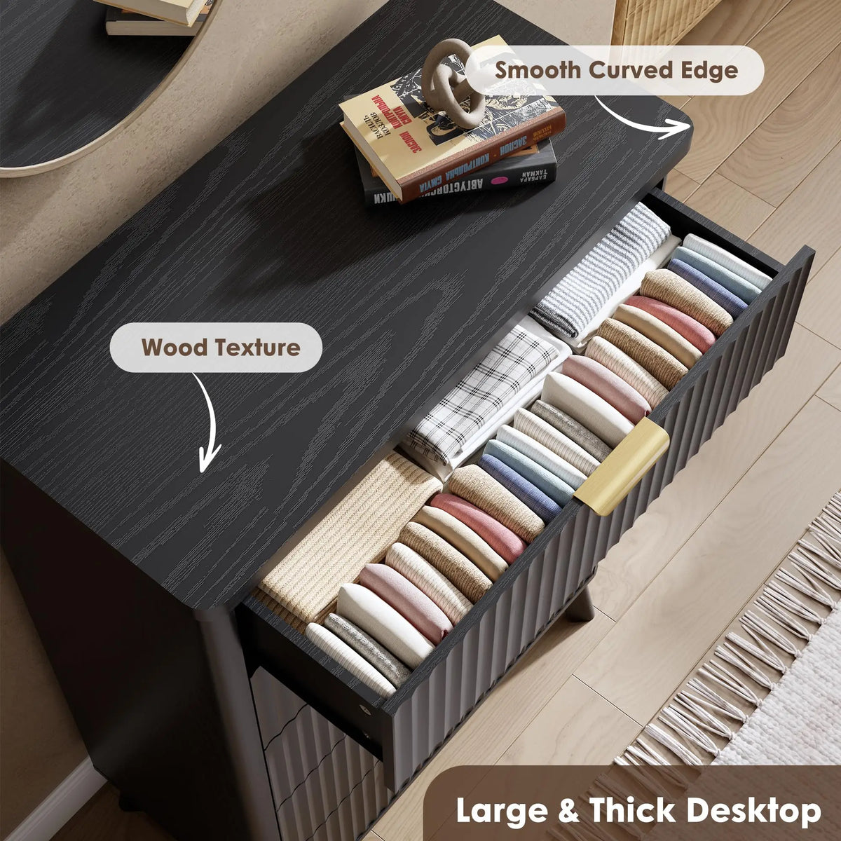 Modern Fluted Five Drawer Dresser With Deep Storage Cabinet