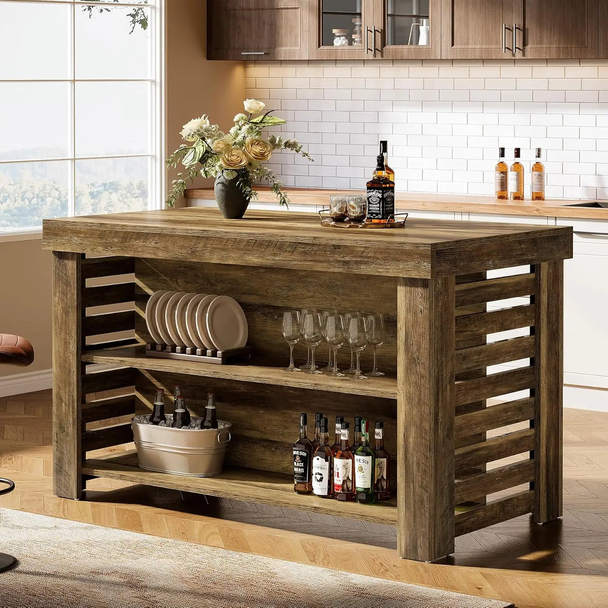 Kitchen Island With Seating, Farmhouse Wood Table And Storage Shelves