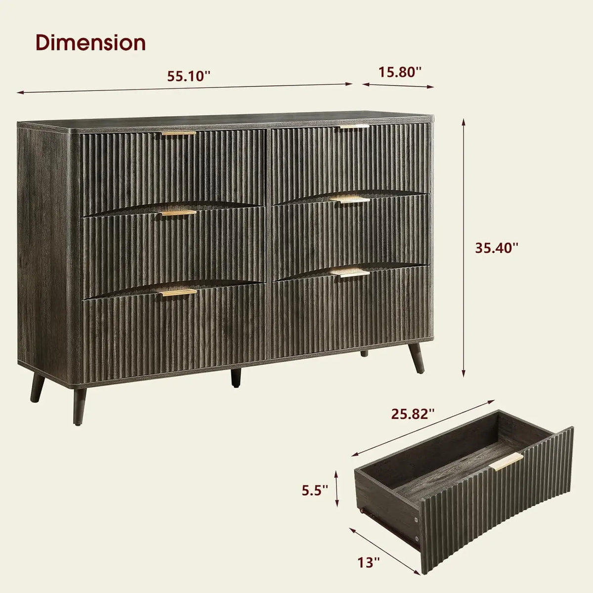 Grey Fluted 6 Drawer Mid Century Dresser