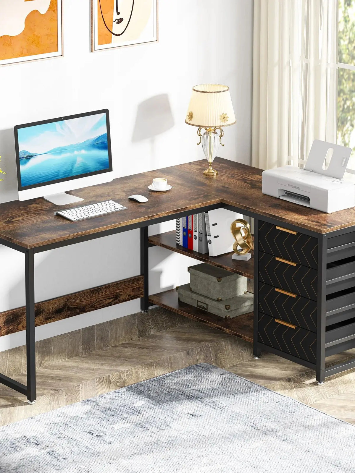 Tribesigns L Shaped Computer Desk With Drawers And Storage Shelves