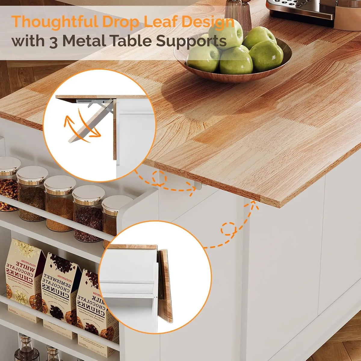 Kitchen Cart With 3 Drawers And 2 Doors Drop Leaf Tabletop Rolling