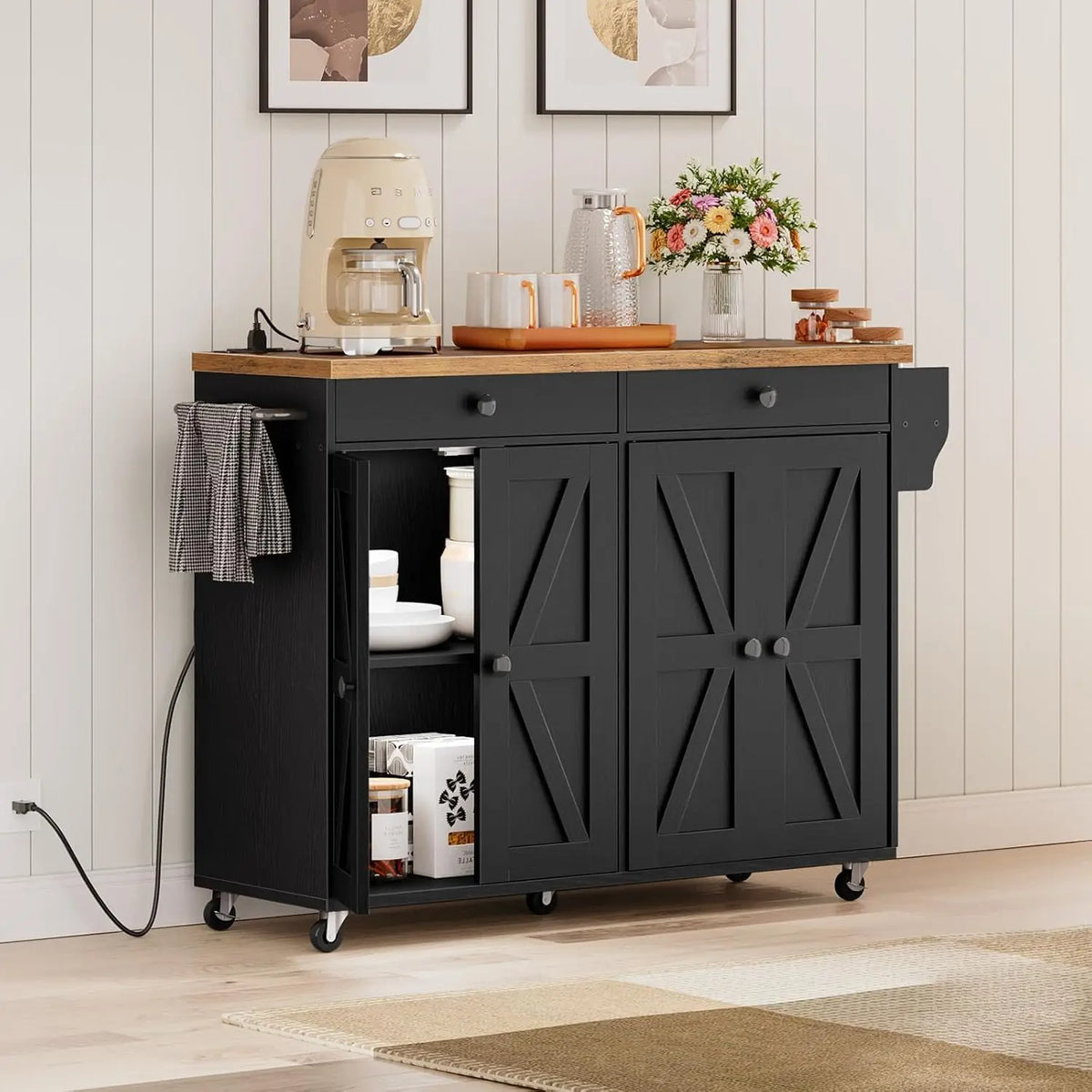 Kitchen Island With Power Outlet Rolling Cart With Storage Hooks