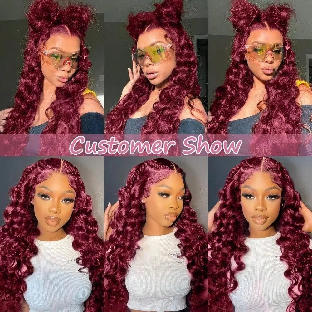 250% 13x4 HD Transparent 99J Burgundy Loose Wave Lace Front Wigs Deep Wave Frontal Wig Colored 99j Burgundy Deep Curly Lace Front Human Hair Wigs Preplucked For Women