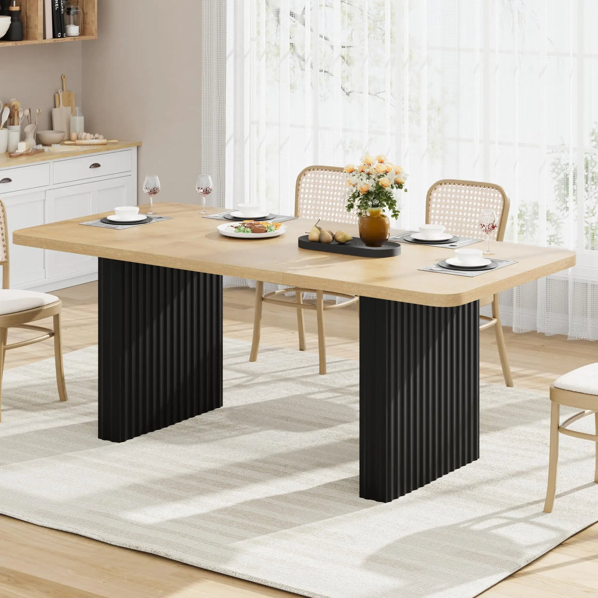71 Inch Industrial Dining Table For 6-8, Farmhouse Rectangular Kitchen Table With Rustic Wood Top And Black Fluted Metal Legs