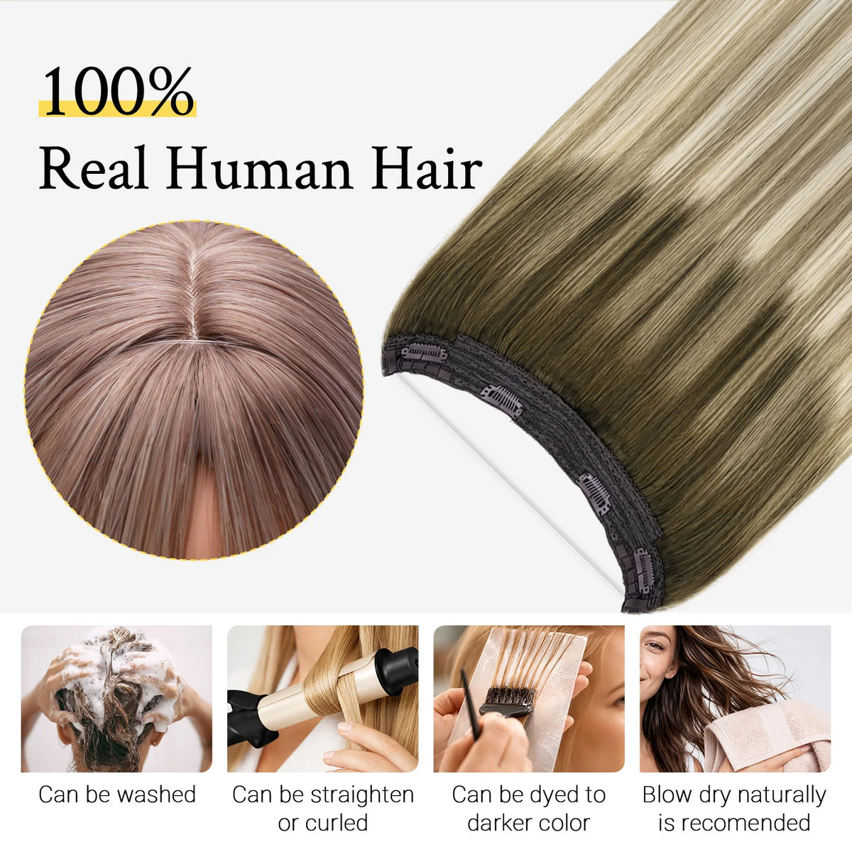 Sunmofavo Wire In Hair Extensions, 100% Real Human Hair, 3‑8‑613 Walnut Brown Bleach Blonde Ombre, Adjustable Invisible Fish Line Hairpiece, Seamless Natural Blend, Lightweight Damage‑Free Wear, Quick Install For Daily