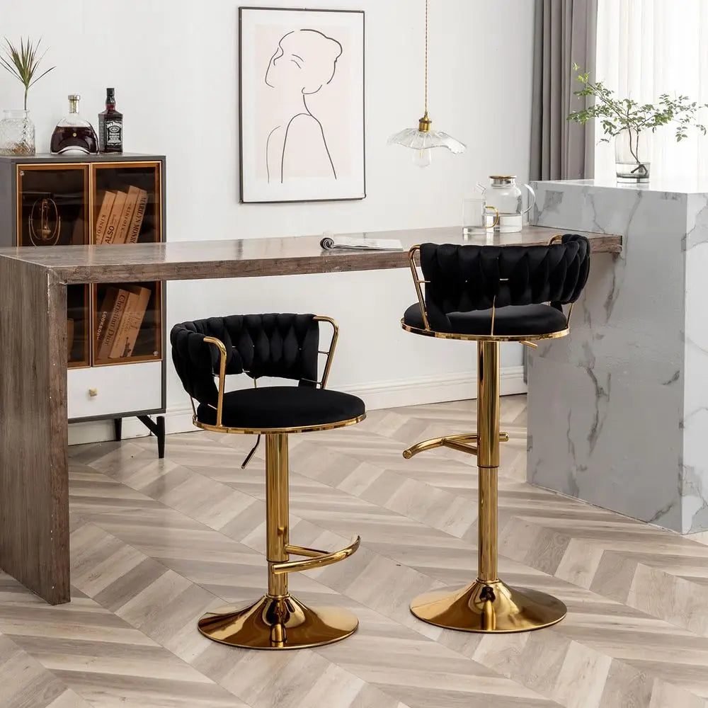 Velvet Bar Stools Set of 3, Counter Height Barstools with Low Back, Gold Swivel Bar Stool for Kitchen Island, Pub Black