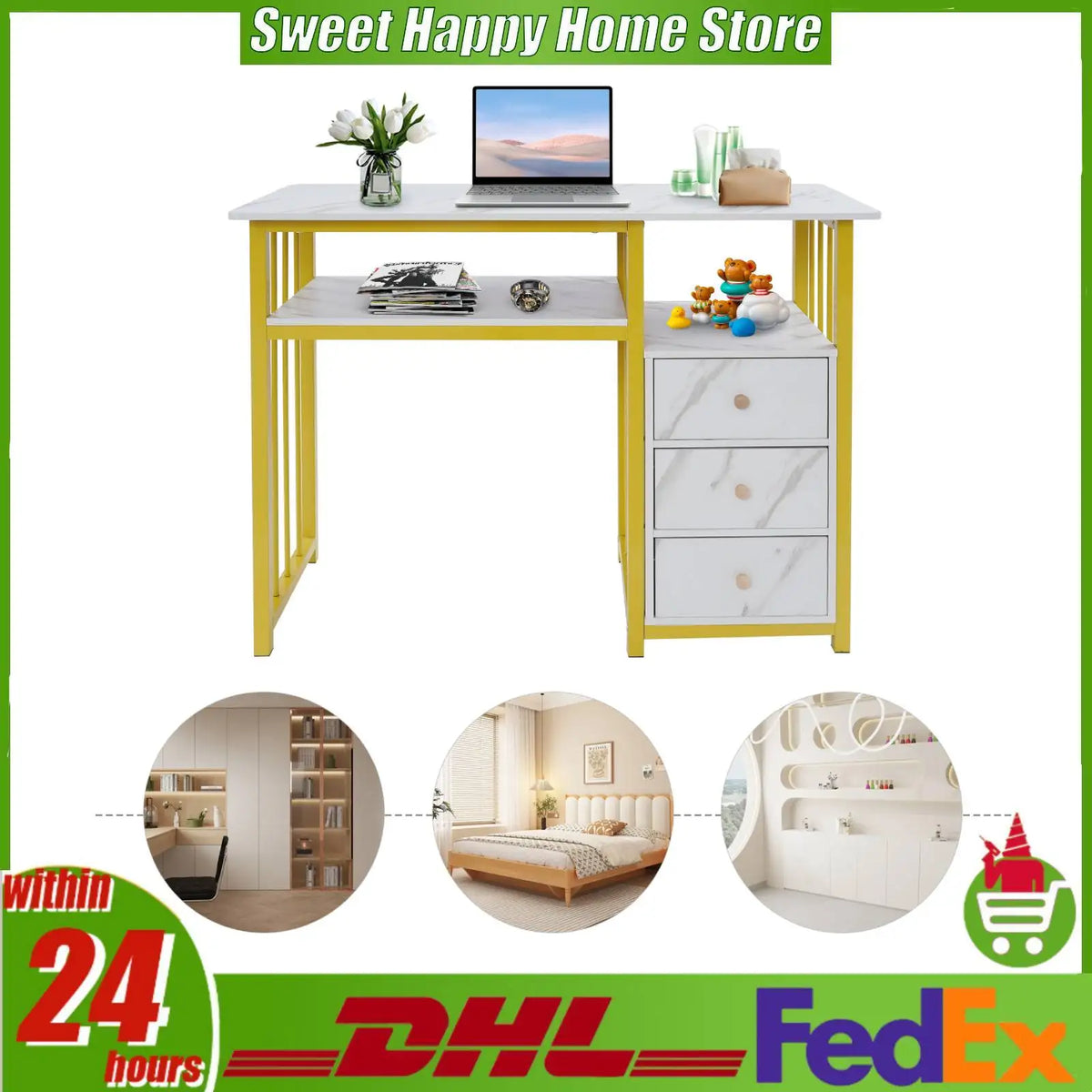 Three Drawer Manicure Table Nail Desk Makeup Vanity Marble Finish Steel Frame