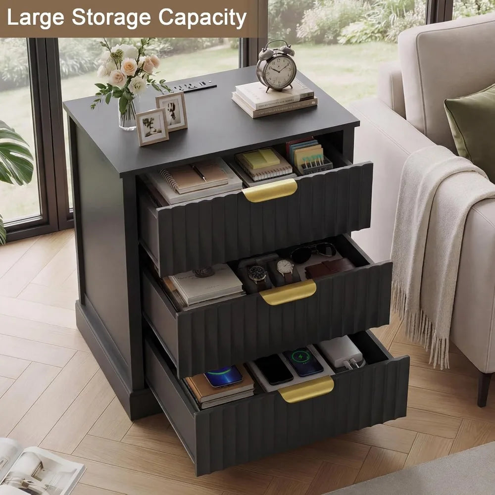 Modern Fluted Nightstands Set Of 2 With 3 Drawers Storage