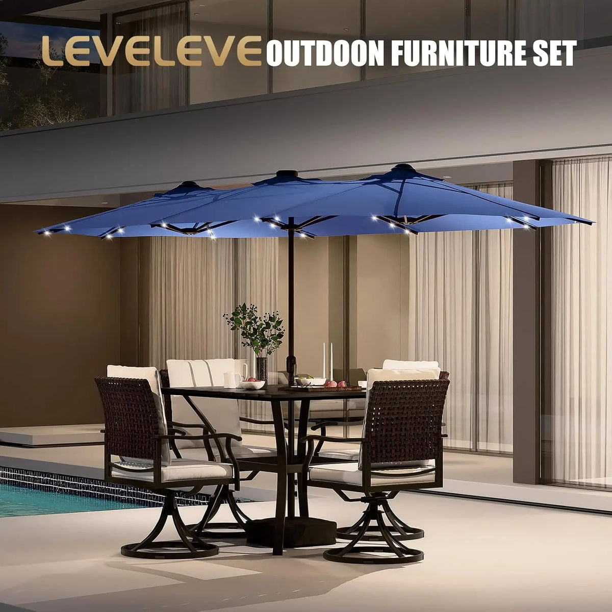 15FT Large Patio Patio Umbrella with Base & Solar LED Lights - Double-Sided, Customized